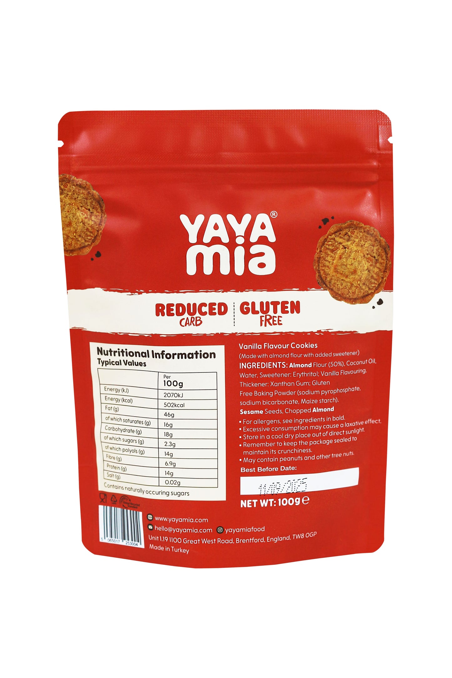 Yayamia Vanilla Cookie Gluten-free, Reduced-carb, Ketogenic, Vegan , Vanilla Flavours